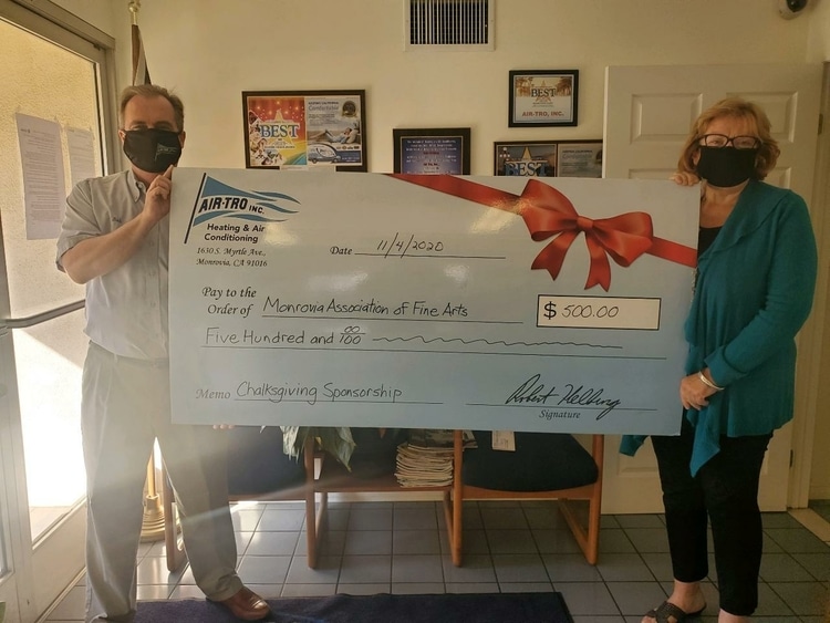 Christine Geltz of the Monrovia Association of Fine Arts stopped by to pick up the $300 donation for MAFA’s “Chalkdemic” Christine Geltz of the Monrovia Association of Fine Arts stopped by to pick up the $300 donation for MAFA’s “Chalkdemic”