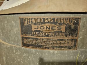 Furnace label close-up Vintage label on Gleewood Gas Furnace manufactured by Jones Heating Co. in Pasadena, California